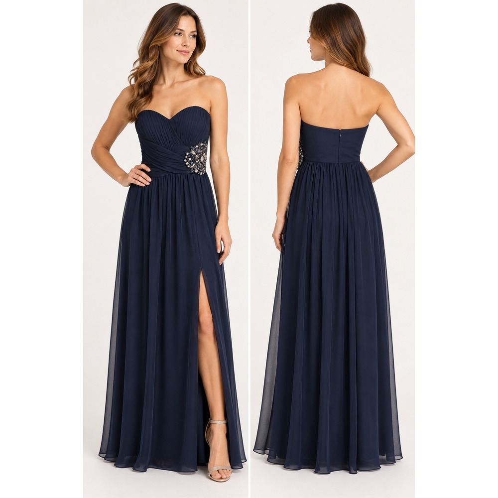 My Michelle Maxi Dress 3 Navy Blue Strapless Beaded Slit Prom Gala Gown